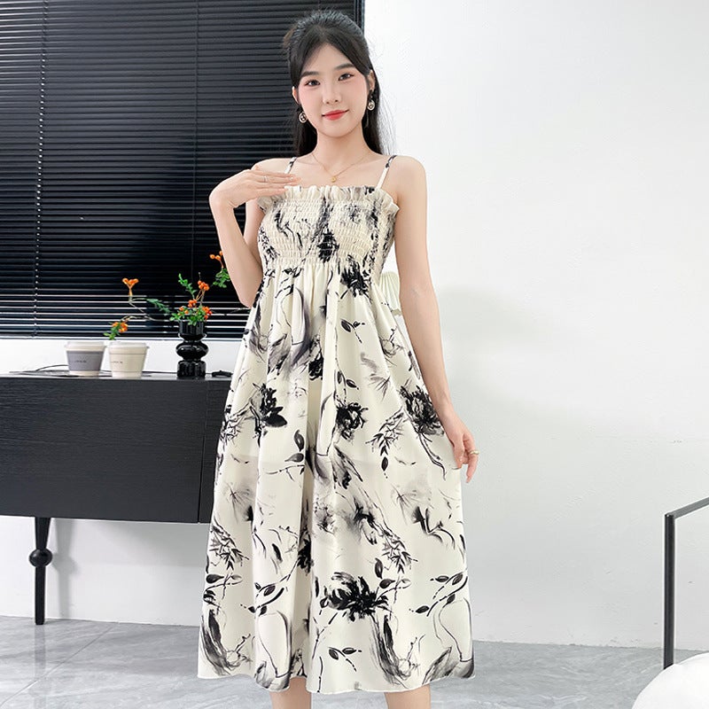 [1.7K People Collection] 2025 New Summer Sling Dress Women A-Line Double Layer Sleeveless Chiffon Floral Skirt Gray flower - Image 1