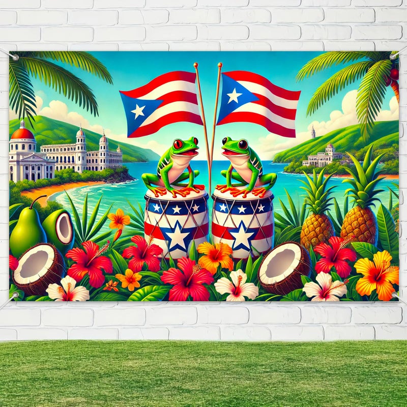 HOMETITUTE Puerto Rico Banner 71x43 Inch Caribbean Backdrop with Coqui Frog Drum Hibiscus Flowers Coconut Pine Tropical Island Background for Fiesta Party Puerto Rican Flag Celebration - Image 4