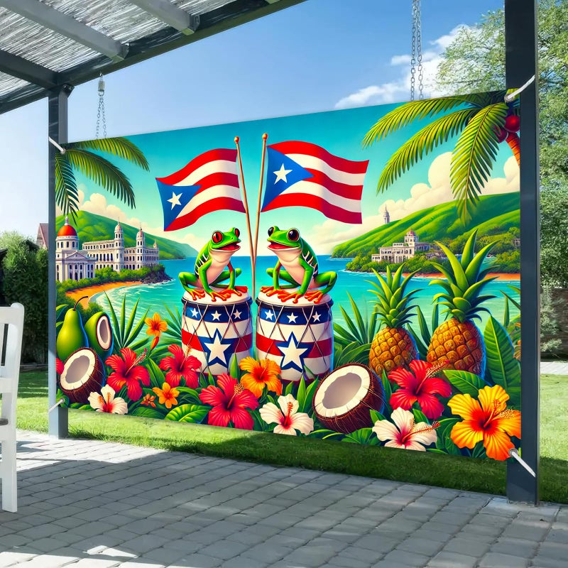 HOMETITUTE Puerto Rico Banner 71x43 Inch Caribbean Backdrop with Coqui Frog Drum Hibiscus Flowers Coconut Pine Tropical Island Background for Fiesta Party Puerto Rican Flag Celebration - Image 1