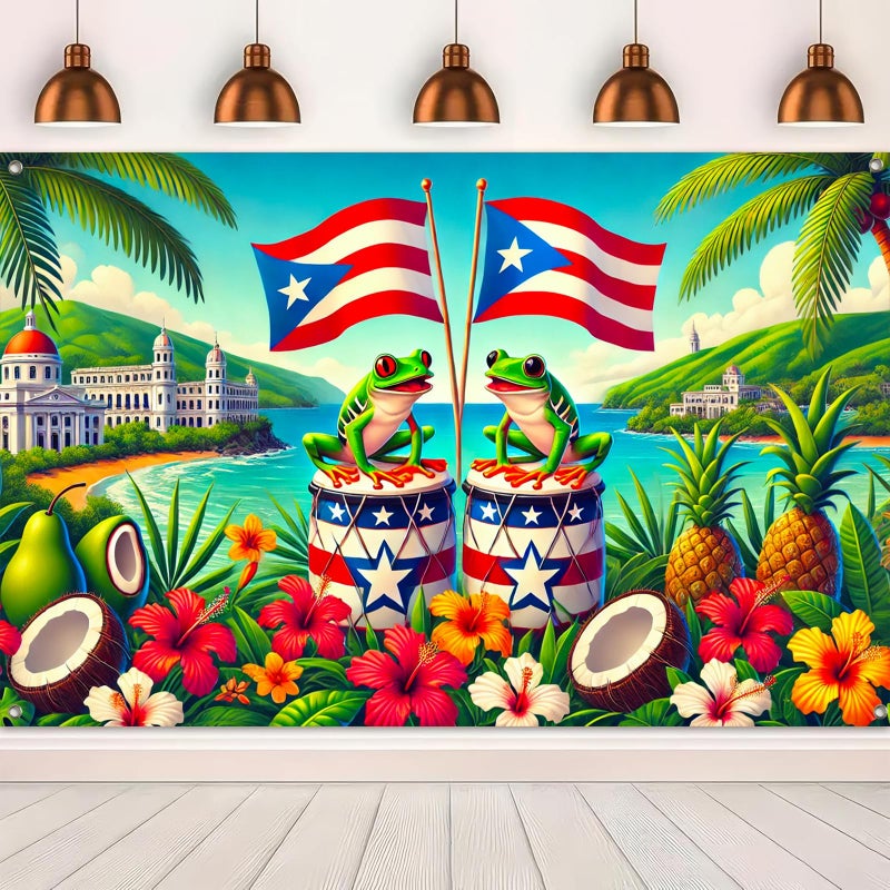 HOMETITUTE Puerto Rico Banner 71x43 Inch Caribbean Backdrop with Coqui Frog Drum Hibiscus Flowers Coconut Pine Tropical Island Background for Fiesta Party Puerto Rican Flag Celebration - Image 5