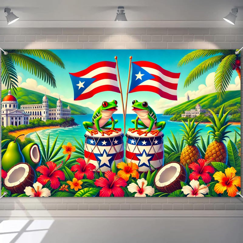 HOMETITUTE Puerto Rico Banner 71x43 Inch Caribbean Backdrop with Coqui Frog Drum Hibiscus Flowers Coconut Pine Tropical Island Background for Fiesta Party Puerto Rican Flag Celebration - Image 2
