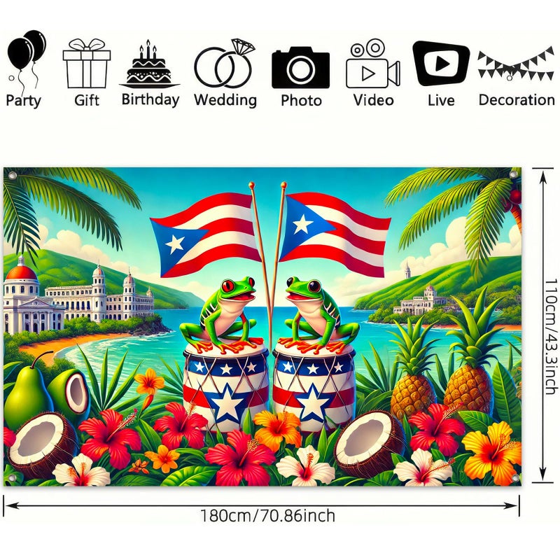 HOMETITUTE Puerto Rico Banner 71x43 Inch Caribbean Backdrop with Coqui Frog Drum Hibiscus Flowers Coconut Pine Tropical Island Background for Fiesta Party Puerto Rican Flag Celebration - Image 3