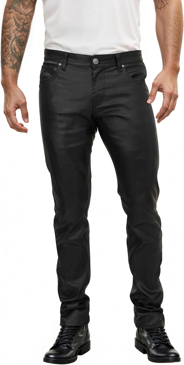 ETHANOL Store Mens Slim Fit Stretch Fashion Casual Faux Leather Pants - Image 1