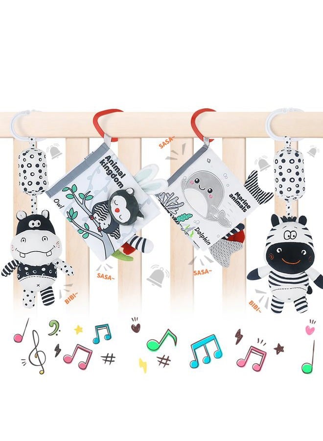 Caterbee High Contrast Hanging Rattle Toys for Babies, Black and White Baby Toys Soft Plush Animal Rattles with Soothing Sounds – Ideal for Newborns to Toddlers (4 Pack) (Animal) - Image 1