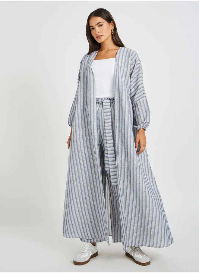 Styli Striped Linen Look Regular Fit Maxi Length Kimono