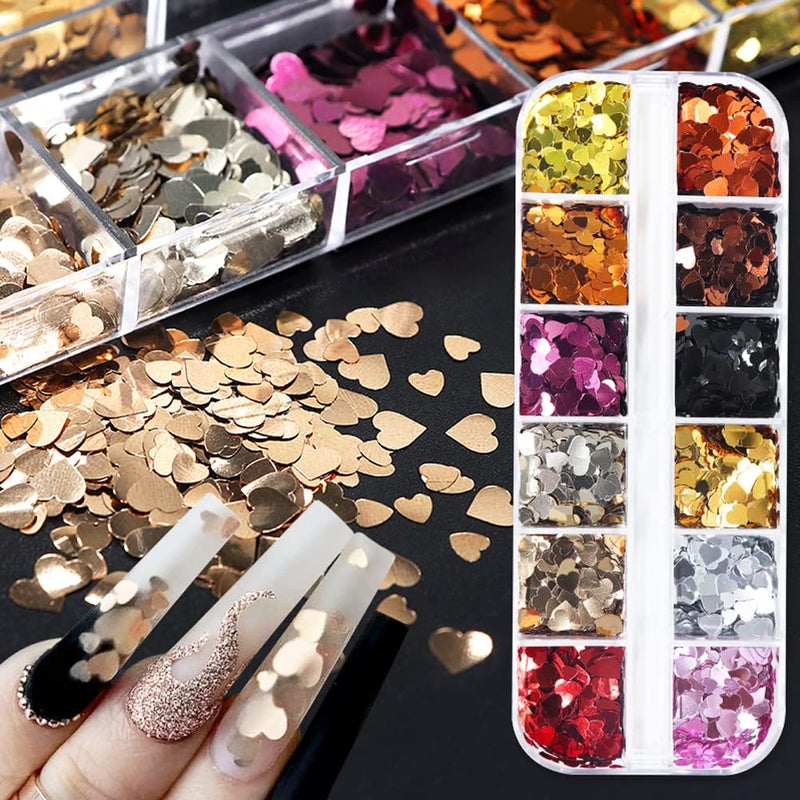 3D Heart Nail Glitter Sequins for Valentines Day Nail Art Stickers Decals Retro Holographic Laser Heart Glitter Flakes UltraThin Heart Nail Art Glitters Sparkle for Acrylic Nail Decoration 12 Colors