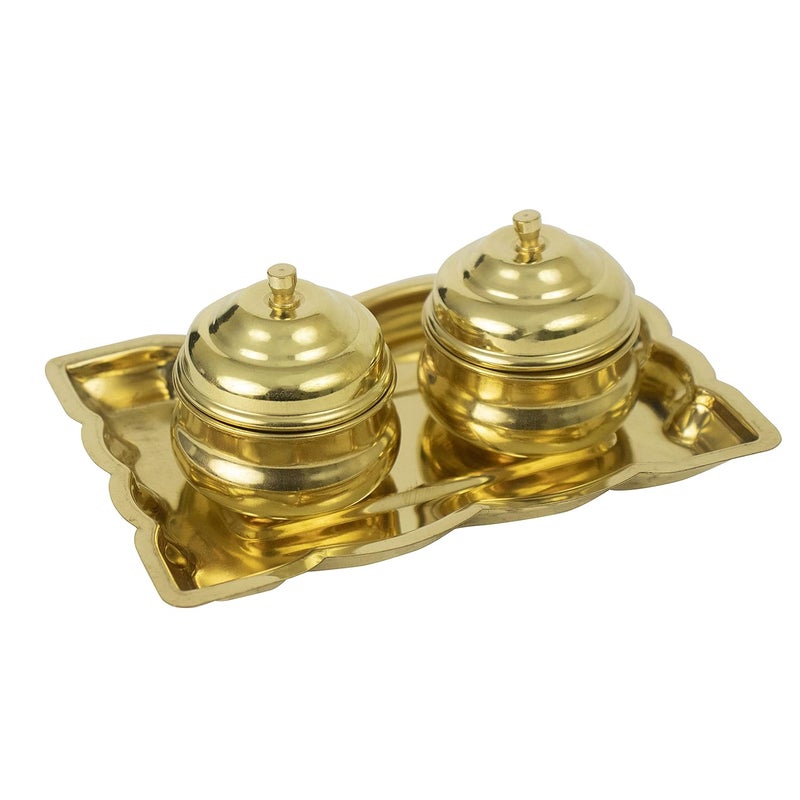 Putrika Traditional Handcrafted Brass Thali Haldi kumkum Chandhan Holder Stand Plate with Lid for PoojaWorship Rectangle 2LeafBowl - Image 3