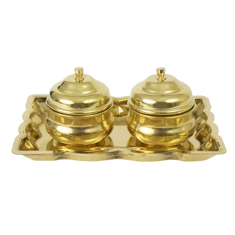 Putrika Traditional Handcrafted Brass Thali Haldi kumkum Chandhan Holder Stand Plate with Lid for PoojaWorship Rectangle 2LeafBowl - Image 1