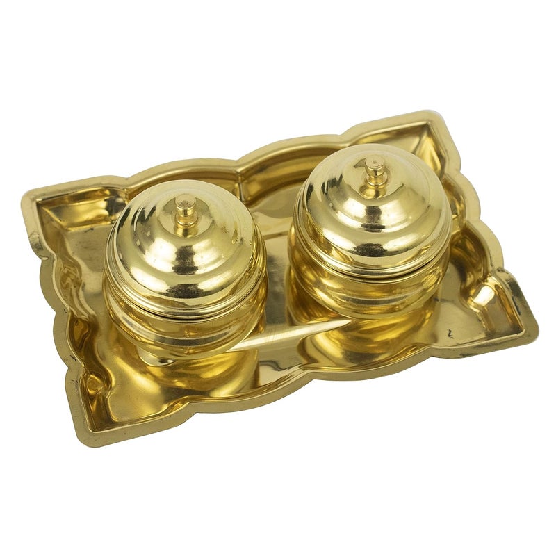 Putrika Traditional Handcrafted Brass Thali Haldi kumkum Chandhan Holder Stand Plate with Lid for PoojaWorship Rectangle 2LeafBowl - Image 2