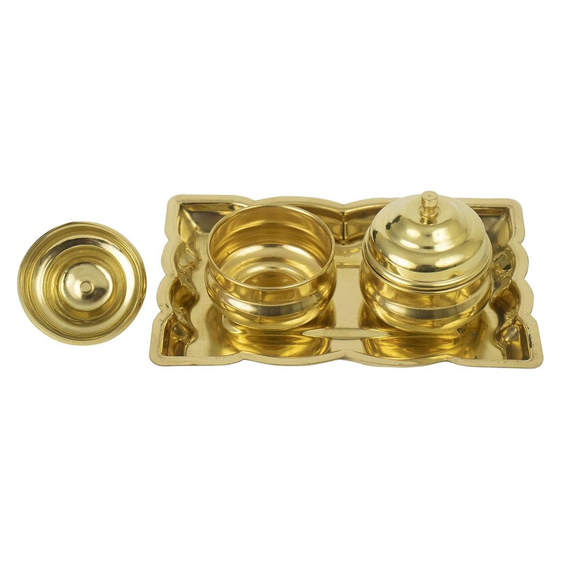 Putrika Traditional Handcrafted Brass Thali Haldi kumkum Chandhan Holder Stand Plate with Lid for PoojaWorship Rectangle 2LeafBowl - Image 4
