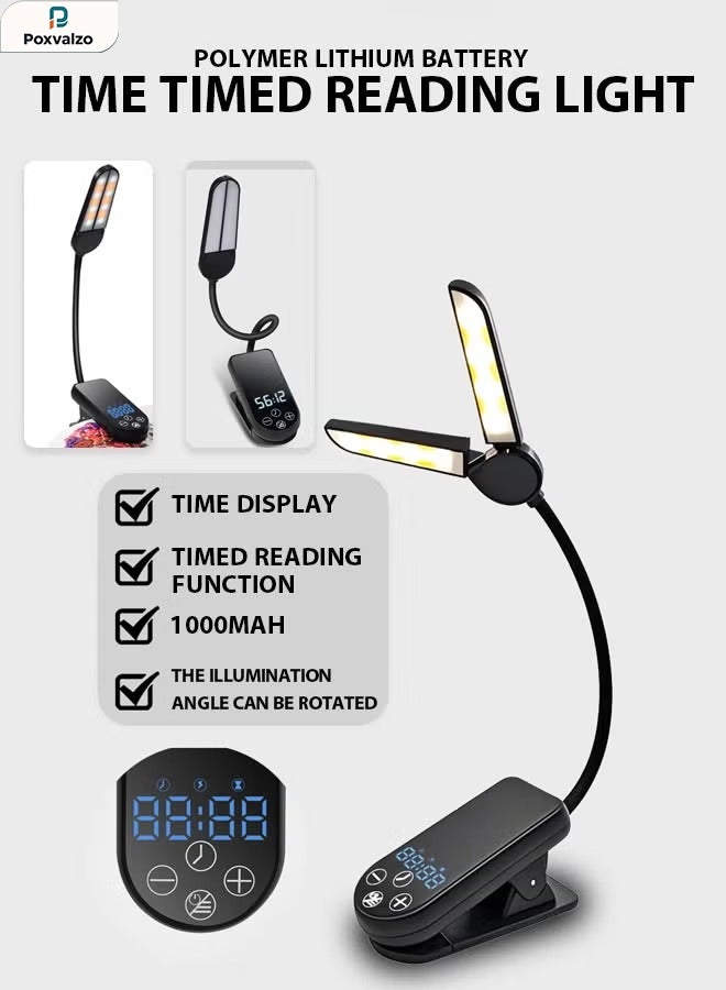 Poxvalzor Reading Book Clip Light,  LED Clip Reading Light with Eye-Care Function, USB Rechargeable Reading Lamp for Kids, Flexible Clip-on Book Light for Reading in Bed, Desk Lamp with 360° PVC Rotating Hose, 3 Lighting Modes, Brightness Dimmer, 8 Adjustment Levels, 1000mAh Lithium Polymer Battery, 3 Color Temperatures, Time Display and Reading Timer, Mini Clamp Light for Night Reading, Suitable for Home, Office, Bedroom, and Different Environments. - Image 1