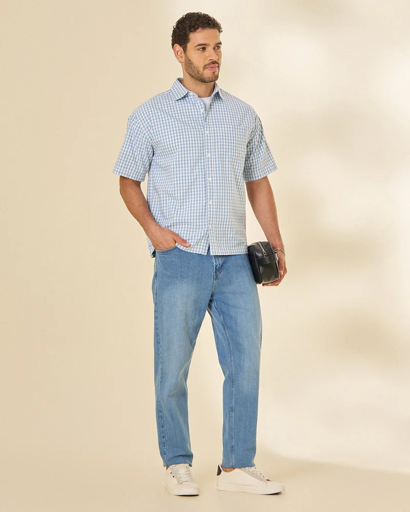 REDTAG Men Blue Checked Short Sleeve Shirt