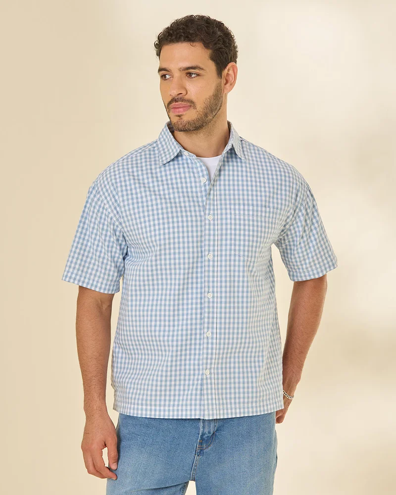 REDTAG Men Blue Checked Short Sleeve Shirt