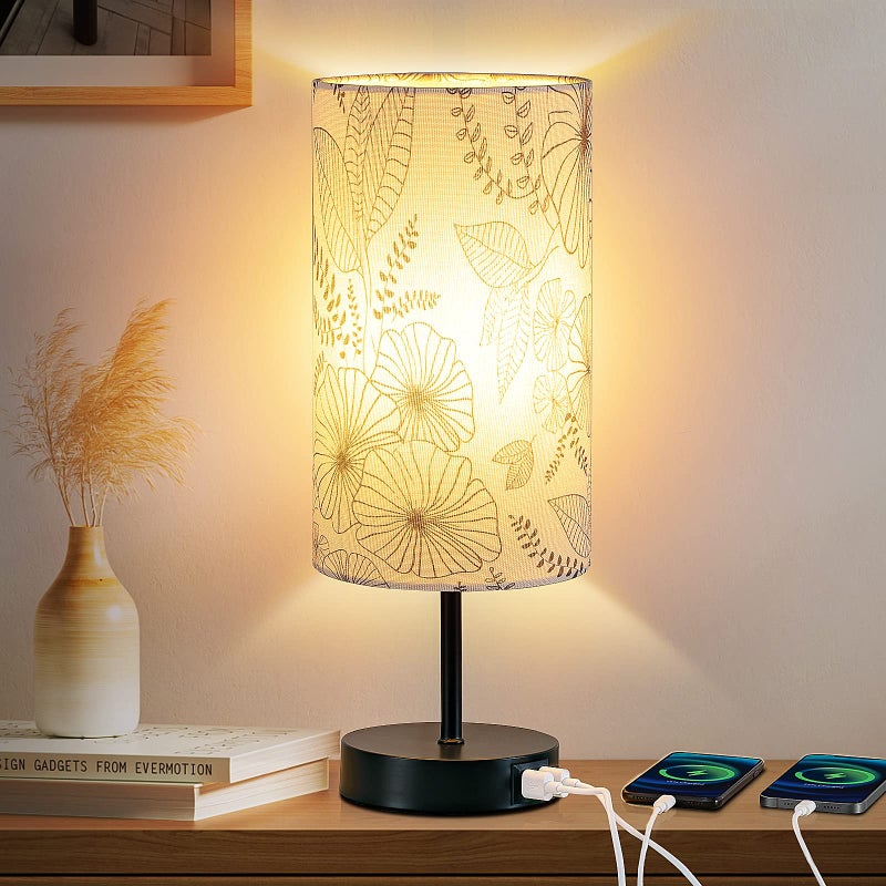 CINSARY Touch Control Bedside Lamp with 2 USB Ports, 3-Way Dimmable Table lamp for Bedroom, Nightstand Lamp with Round Flower Fabric Shade for Living Room Home Office (E26 LED Bulb Included) - Image 1