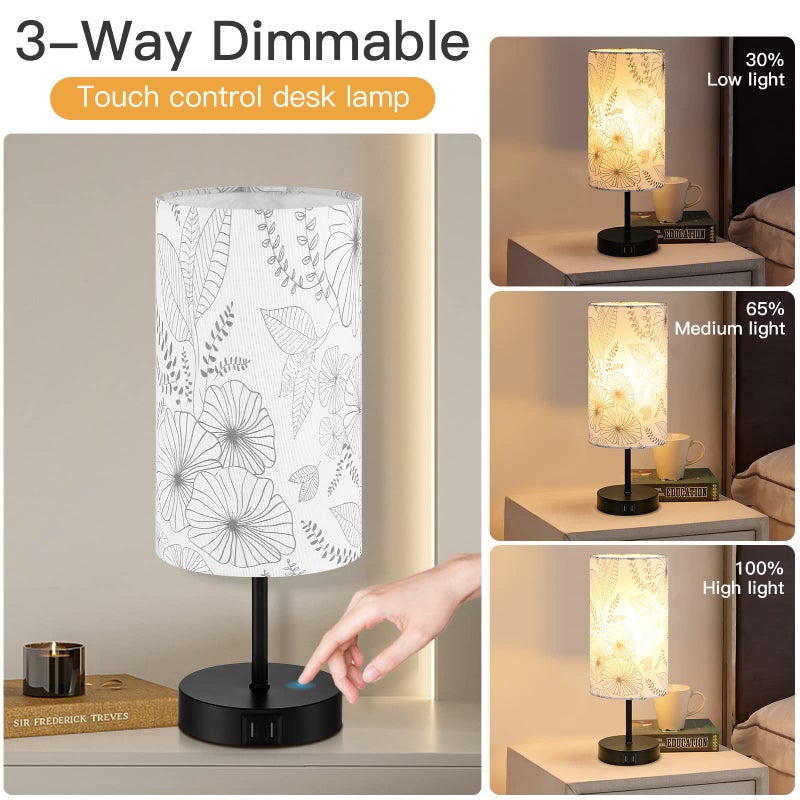 CINSARY Touch Control Bedside Lamp with 2 USB Ports, 3-Way Dimmable Table lamp for Bedroom, Nightstand Lamp with Round Flower Fabric Shade for Living Room Home Office (E26 LED Bulb Included) - Image 2