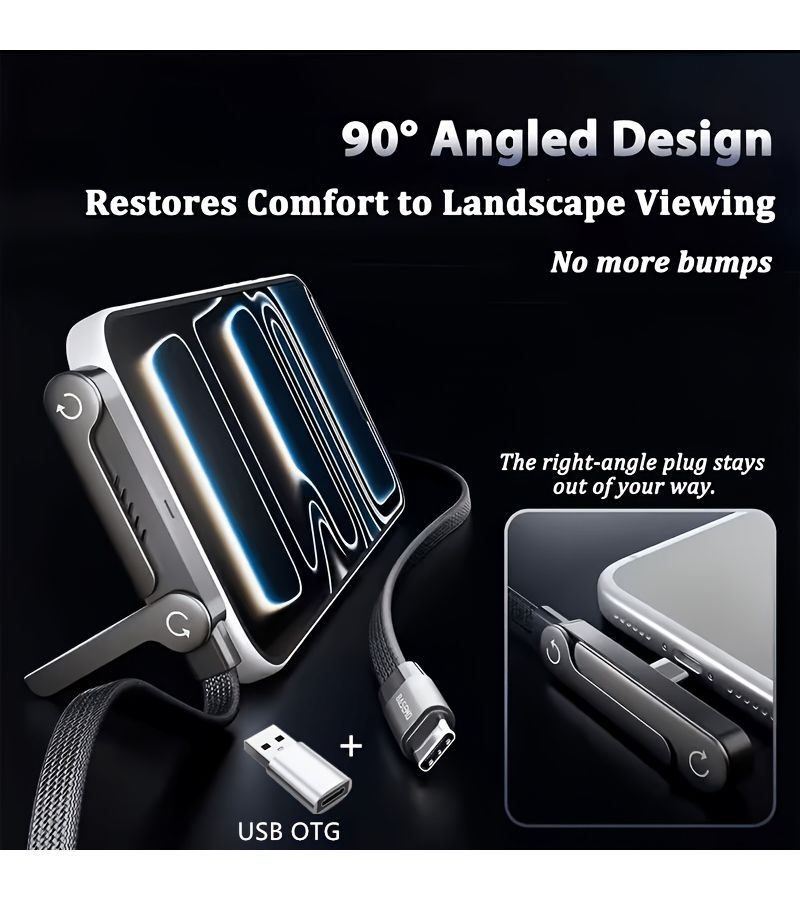 2 في 1 كابل شحن سريع بقوة 65 واط و240 واط قابل للطي مع محول OTG من نوع USB-C وحامل مدمج متوافق مع جميع الهواتف 100 سم أسود - Image 4