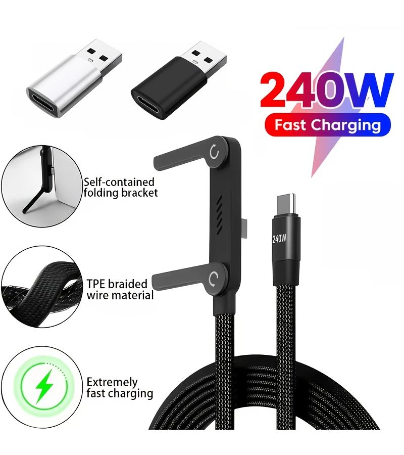 2 في 1 كابل شحن سريع بقوة 65 واط و240 واط قابل للطي مع محول OTG من نوع USB-C وحامل مدمج متوافق مع جميع الهواتف 100 سم أسود - Image 1