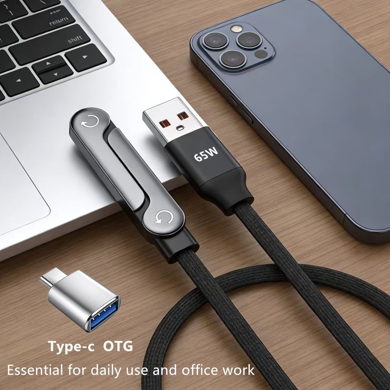 2 في 1 كابل شحن سريع بقوة 65 واط و240 واط قابل للطي مع محول OTG من نوع USB-C وحامل مدمج متوافق مع جميع الهواتف 100 سم أسود - Image 5