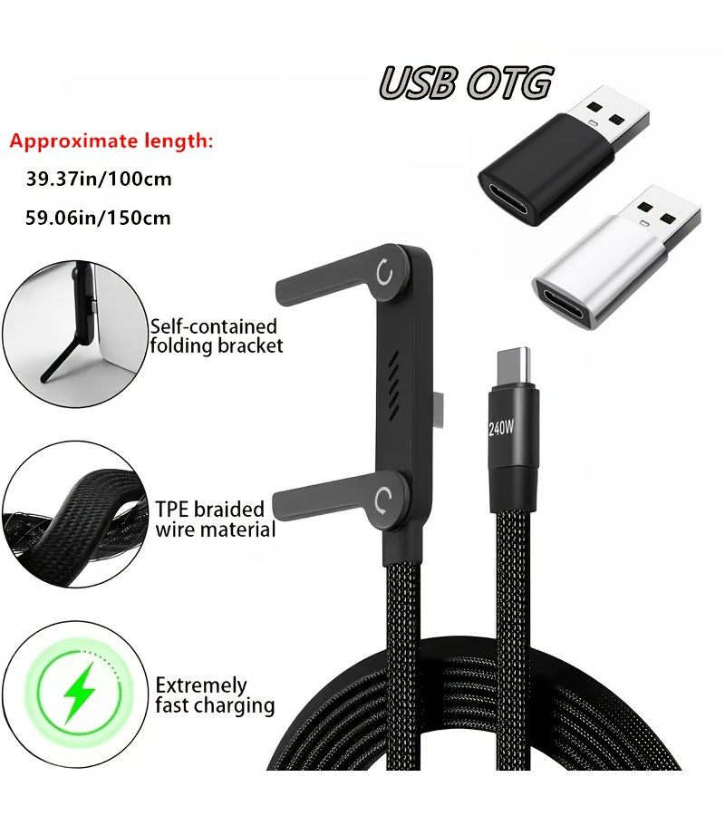 2 في 1 كابل شحن سريع بقوة 65 واط و240 واط قابل للطي مع محول OTG من نوع USB-C وحامل مدمج متوافق مع جميع الهواتف 100 سم أسود - Image 2