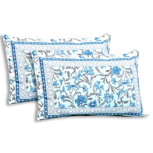 elanorhomes Hand Block Printed 180TC 100% Cotton Double King Size Bedsheet with 2 Pillow Covers | 93 x108 Inches (Aqua Garden) - Image 5