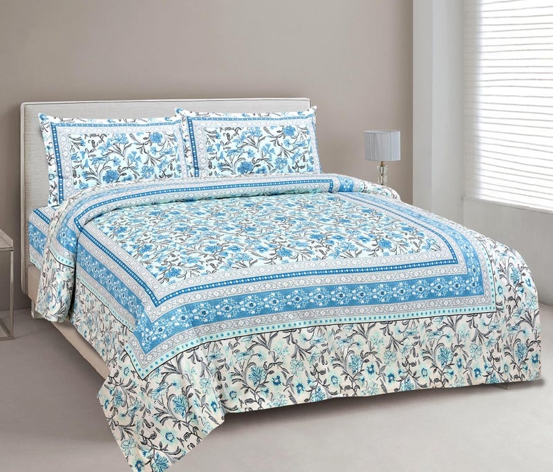 elanorhomes Hand Block Printed 180TC 100% Cotton Double King Size Bedsheet with 2 Pillow Covers | 93 x108 Inches (Aqua Garden) - Image 3