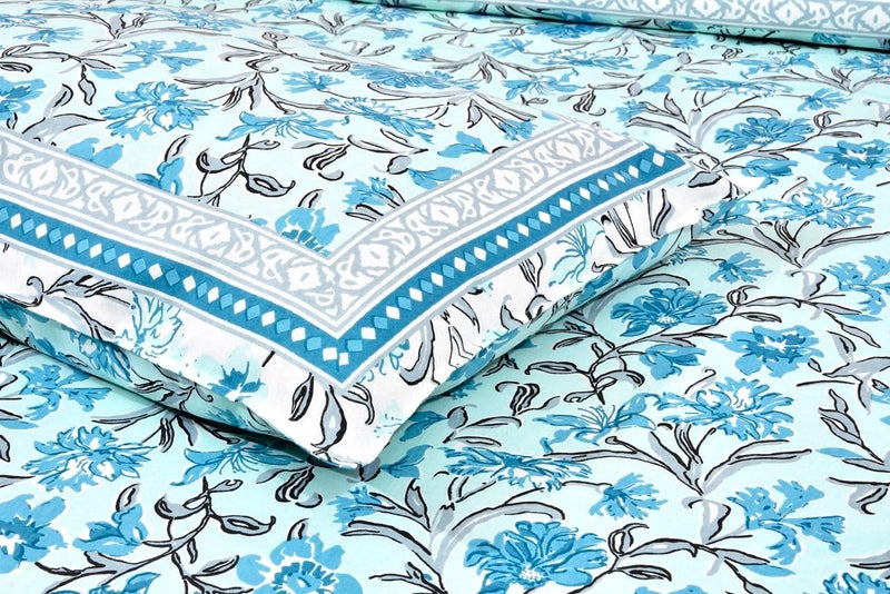 elanorhomes Hand Block Printed 180TC 100% Cotton Double King Size Bedsheet with 2 Pillow Covers | 93 x108 Inches (Aqua Garden) - Image 2
