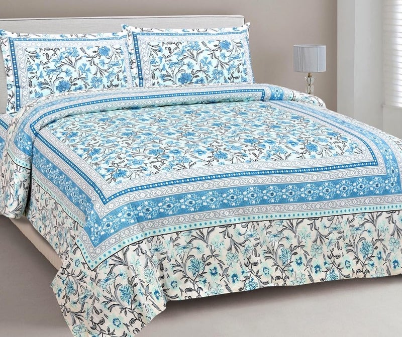 elanorhomes Hand Block Printed 180TC 100% Cotton Double King Size Bedsheet with 2 Pillow Covers | 93 x108 Inches (Aqua Garden) - Image 1