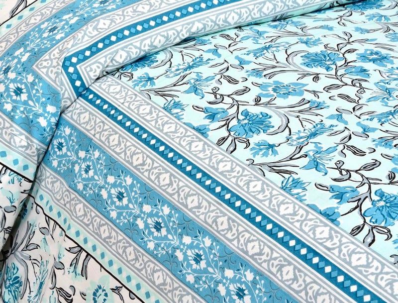 elanorhomes Hand Block Printed 180TC 100% Cotton Double King Size Bedsheet with 2 Pillow Covers | 93 x108 Inches (Aqua Garden) - Image 4