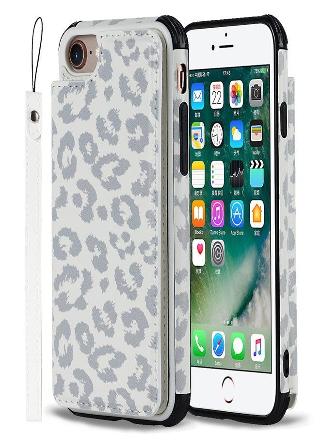 iCoverCase Compatible with iPhone SE 2022/SE 2020/7/8 Phone Case with Card Holder, Wallet Case with Wrist Strap, RFID Blocking Card Slots Kickstand PU Leather Case (Gray Leopard) - Image 3