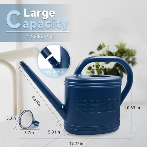 Giftsfaloy Watering Can for Indoor Outdoor Plants Plant Watering Can with Stainless Steel Shower Head 1 Gallon Plastic Watering Can for Garden Flowers Vegetable Greenhouse Dark Blue 1 Gallon - Image 3