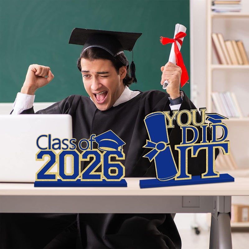 GINFTBRZGV 4 قطع زينة تخرج زرقاء وذهبية دفعة 2026 مبروك تخرج مركزات طاولة خشبية زينة طاولة التخرج - Image 5