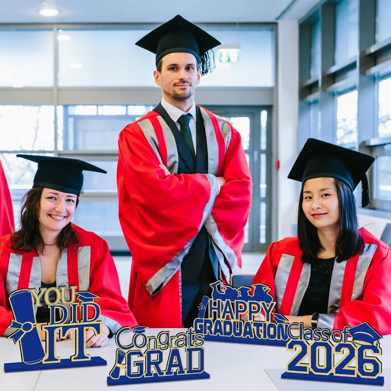 GINFTBRZGV 4 قطع زينة تخرج زرقاء وذهبية دفعة 2026 مبروك تخرج مركزات طاولة خشبية زينة طاولة التخرج - Image 2