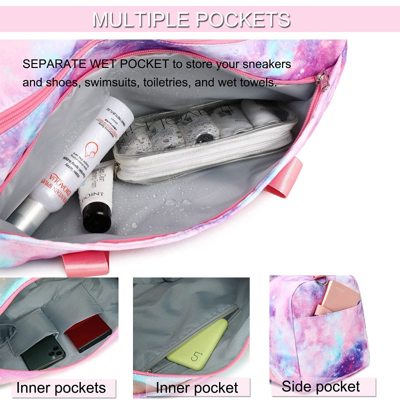 Octsky Gym Duffle Bag for Girls, Gymnastics Sports Bag for Teens Women Small Overnight Weekender Carry On Travel Bag with Shoe Compartment and Wet Pocket Galaxy - Image 5