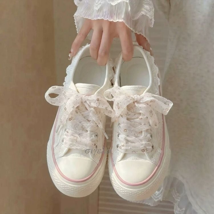 Fairy Style Canvas Shoes 2026 New Spring Summer Fashion Lace-Up White Sneakers for Women