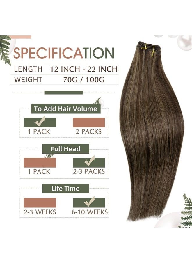 RUNATURE - Human Hair Weft Extensions Brown Weft Human Hair Extensions 16 Inch Full Head Straight Sew in Hair Extensions Dark Brown Highighted Light Brown Weft Hair Extensions Remy Hair One Piece 100g - Image 1