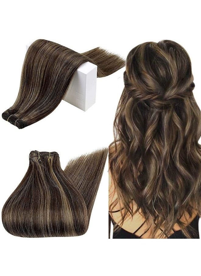 RUNATURE - Human Hair Weft Extensions Brown Weft Human Hair Extensions 16 Inch Full Head Straight Sew in Hair Extensions Dark Brown Highighted Light Brown Weft Hair Extensions Remy Hair One Piece 100g - Image 1