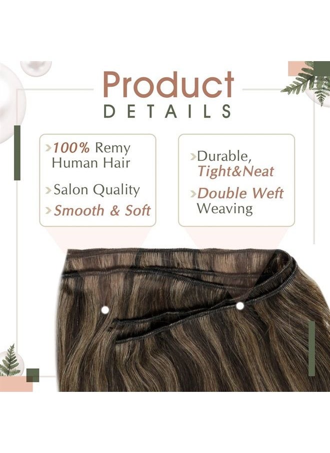 RUNATURE - Human Hair Weft Extensions Brown Weft Human Hair Extensions 16 Inch Full Head Straight Sew in Hair Extensions Dark Brown Highighted Light Brown Weft Hair Extensions Remy Hair One Piece 100g - Image 1