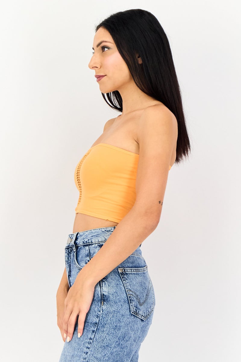 Bershka بلوزة نسائية بدون حمالات بتصميم مستقيم ومجعد، برتقالي - Image 3