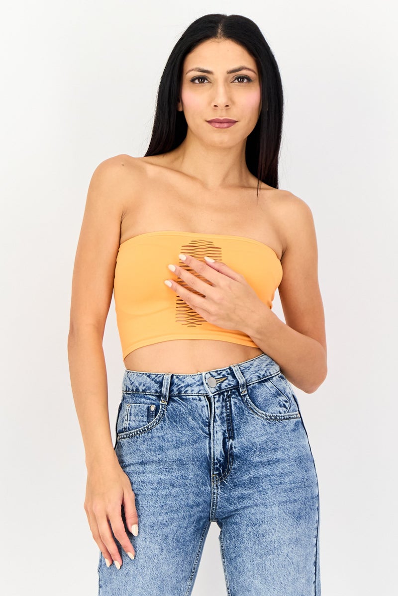 Bershka بلوزة نسائية بدون حمالات بتصميم مستقيم ومجعد، برتقالي - Image 1