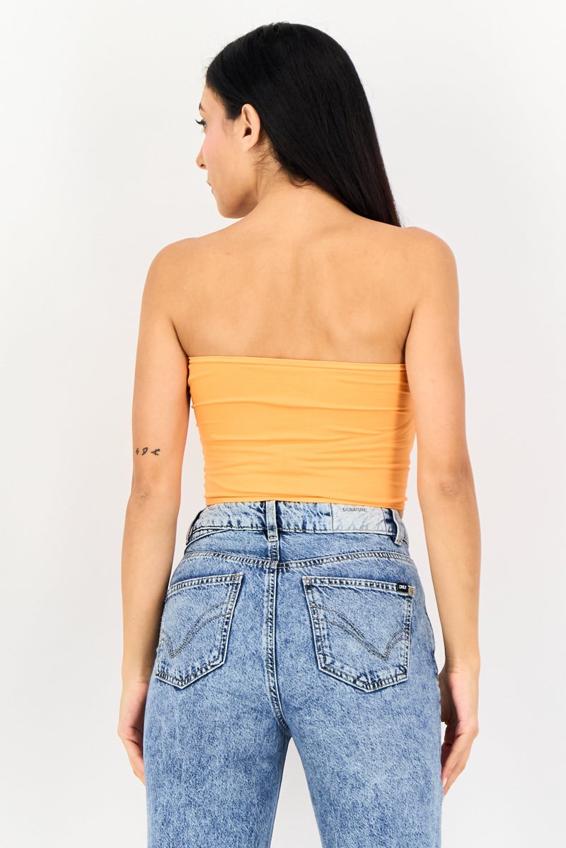 Bershka بلوزة نسائية بدون حمالات بتصميم مستقيم ومجعد، برتقالي - Image 2