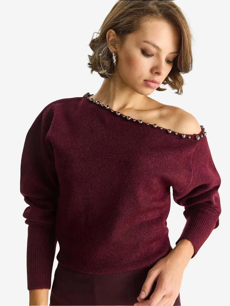 Bianco Lucci LUCCI Ribbed Asymmetrical Collar Knit Sweater