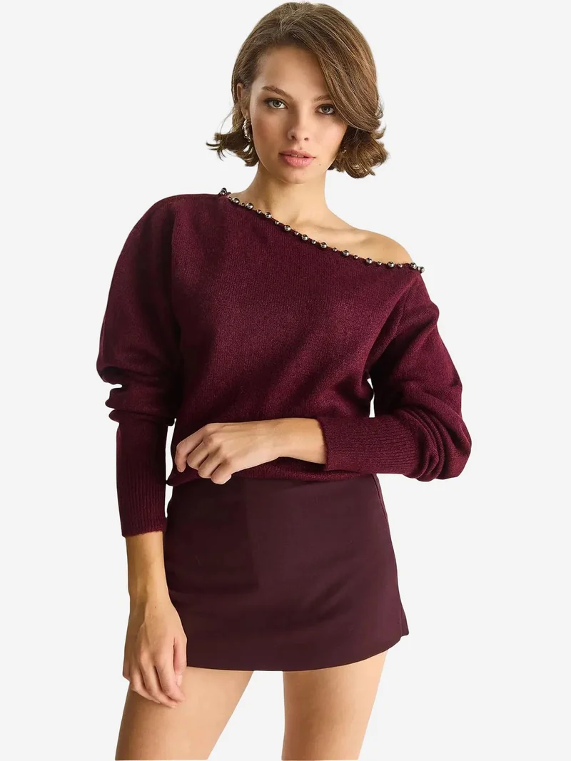 Bianco Lucci LUCCI Ribbed Asymmetrical Collar Knit Sweater