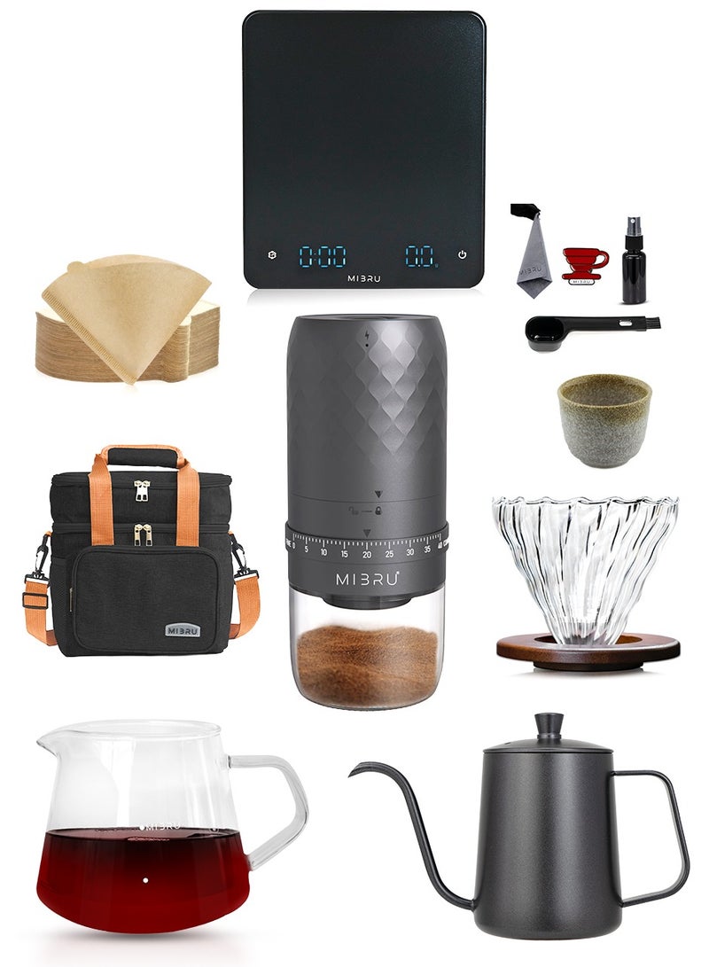 MIBRU V60 Pour Over Premium Drip Coffee Maker Kit, 12-piece Drip Coffee Maker with Bag, Specialty Coffee Bag, Professional Scale with Timer, Barista Towel, Coffee Bean Moisture Spray Can, Electronic Coffee Bean Grinder, Coffee Pin Brush, Coffee Cleaning Brush, 02 Coffee Paper Filter, 02 Coffee Filter Funnel, 550 Coffee Sharing Pot with Built-in Thermometer, Slim Neck Manual Coffee Pot, Restrictor Spout for Drip Coffee Pot, Specialty Coffee Kit, Specialty Coffee Tools, Coffee Machine, Coffee Cup, Coffee Cleaning Kit, Pour-Over Coffee Maker Accessories  - Image 1