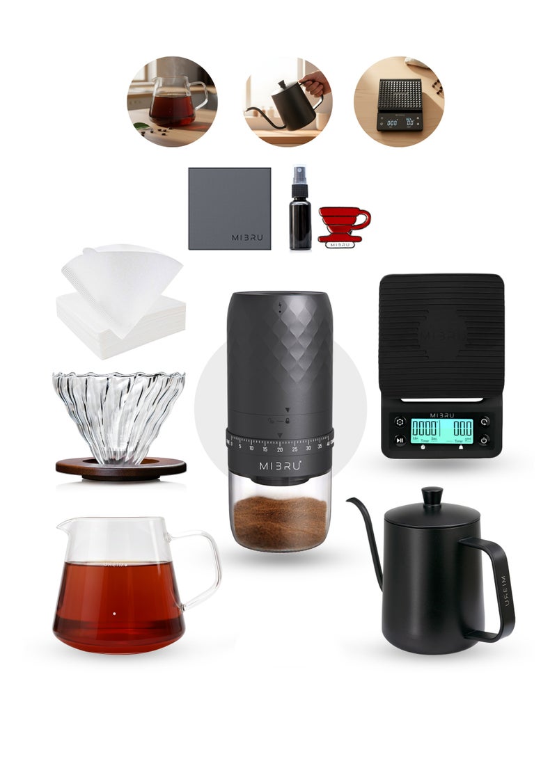 MIBRU V60 Pour Over Coffee Maker Kit – 10-Piece Specialty Coffee Set with Professional Scale & Timer, Electronic Coffee Grinder, 480ml Slim Neck Manual Kettle, Glass Server, 02 Paper Filters, Coffee Funnel, Barista Towel, Cleaning Brushes & Accessories - Image 1