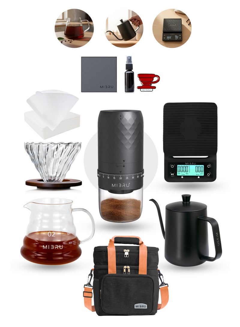 MIBRU V60 Pour Over Coffee Maker Kit – 10-Piece Specialty Coffee Set with Professional Scale & Timer, Electronic Coffee Grinder, 480ml Slim Neck Manual Kettle, Glass Server, 02 Paper Filters, Coffee Funnel, Barista Towel, Cleaning Brushes & Accessories - Image 1
