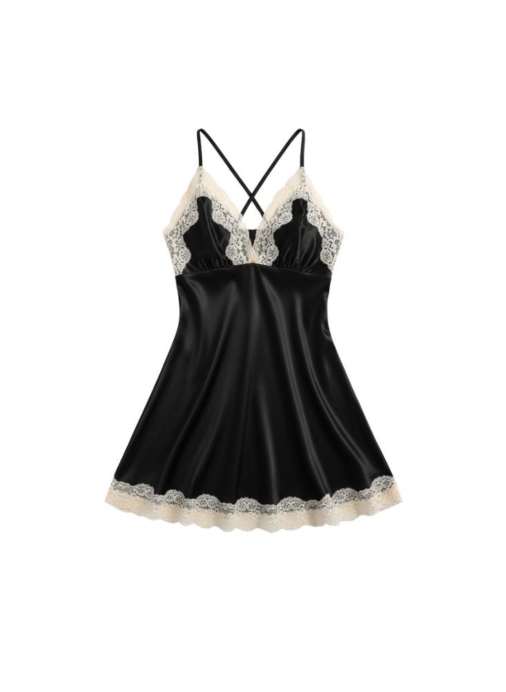 Cute Black Satin Nightdress – Elegant Lace Trim Sleepwear for Women - Image 2
