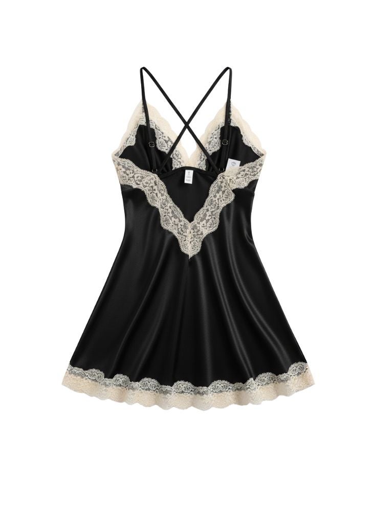 Cute Black Satin Nightdress – Elegant Lace Trim Sleepwear for Women - Image 3