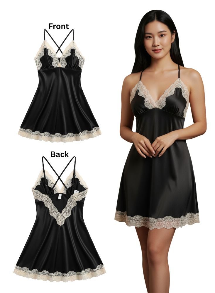 Cute Black Satin Nightdress – Elegant Lace Trim Sleepwear for Women - Image 1