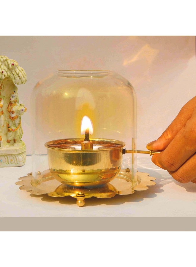 Pure Source India 100% Pure Brass Akhand Jyot Diya with Adjustable Bati Knob, Wick Lifting Screw Lever & Borosilicate Glass Cover (5.5inch, 250 ml Oil Capacity, Stay Lit for 48 Hours, Wick Included) - Image 4