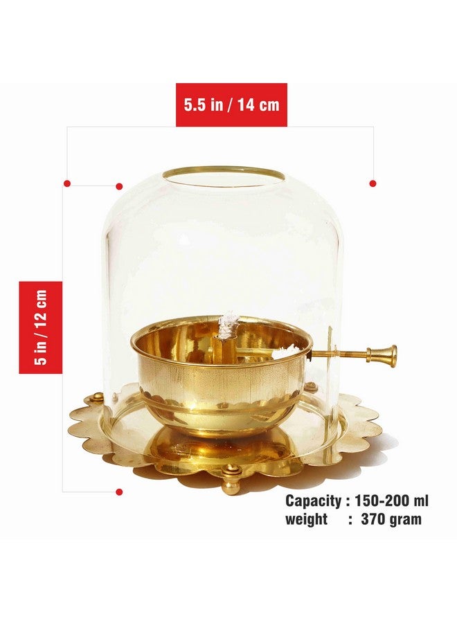 Pure Source India 100% Pure Brass Akhand Jyot Diya with Adjustable Bati Knob, Wick Lifting Screw Lever & Borosilicate Glass Cover (5.5inch, 250 ml Oil Capacity, Stay Lit for 48 Hours, Wick Included) - Image 2